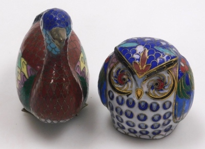 A group of modern cloisonne, to include owls, 5cm high, birds, eggs, cello with thermometer, 12cm high, etc. - 13