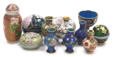 A group of Chinese cloisonne, to include miniature baluster vases, egg cup, lidded trinket boxes of cylindrical form, largest 6cm diameter, etc. - 8