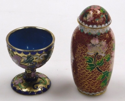 A group of Chinese cloisonne, to include miniature baluster vases, egg cup, lidded trinket boxes of cylindrical form, largest 6cm diameter, etc. - 11