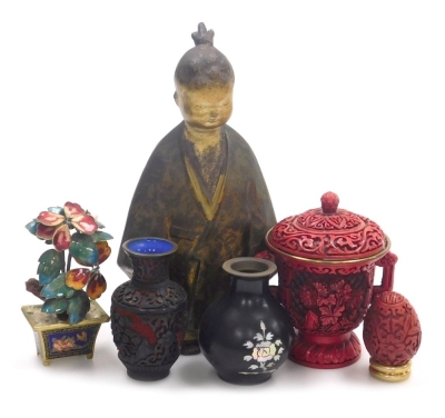 A group of Oriental items, to include a floral display with enamelled flowers in a cloisonne planter, 12cm high, a Chinese carved urn and cover, 13cm high, a cast metal figure of a child in kimono, gilt heightened, 26cm high, etc. - 11