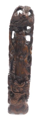 A 20thC Chinese hardwood carving of Shou Lao, the figure holding staff and a peach above a three clawed dragon, 56cm high. - 7