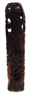 A 20thC Chinese hardwood carving of Shou Lao, the figure holding staff and a peach above a three clawed dragon, 56cm high. - 9