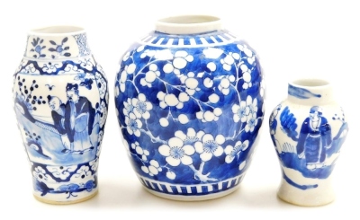 A Qing dynasty blue and white Chinese porcelain ginger jar, decorated with prunus blossom on a cracked ice ground, four character Kangxi mark, 14cm high, a 19thC blue and white porcelain vase decorated with reserves of figures on a floral ground, four ch - 8