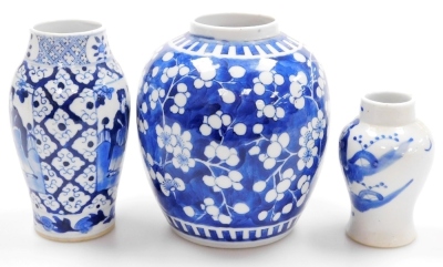 A Qing dynasty blue and white Chinese porcelain ginger jar, decorated with prunus blossom on a cracked ice ground, four character Kangxi mark, 14cm high, a 19thC blue and white porcelain vase decorated with reserves of figures on a floral ground, four ch - 9