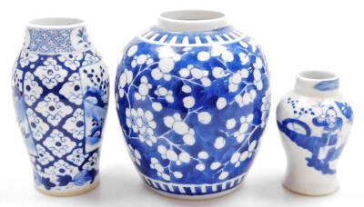 A Qing dynasty blue and white Chinese porcelain ginger jar, decorated with prunus blossom on a cracked ice ground, four character Kangxi mark, 14cm high, a 19thC blue and white porcelain vase decorated with reserves of figures on a floral ground, four ch - 11