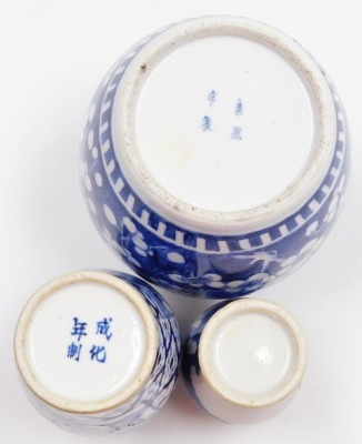 A Qing dynasty blue and white Chinese porcelain ginger jar, decorated with prunus blossom on a cracked ice ground, four character Kangxi mark, 14cm high, a 19thC blue and white porcelain vase decorated with reserves of figures on a floral ground, four ch - 13