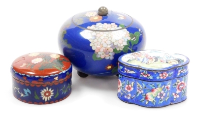 A Japanese Meji period cloisonne enamel koro and cover, of globular form, decorated with flowers, blossom and butterflies on a blue ground, on three bun feet, 10cm wide, together with a Japanese Meiji period cylindrical box and cover decorated with flower - 14