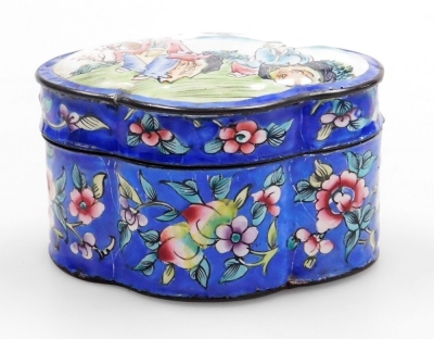 A Japanese Meji period cloisonne enamel koro and cover, of globular form, decorated with flowers, blossom and butterflies on a blue ground, on three bun feet, 10cm wide, together with a Japanese Meiji period cylindrical box and cover decorated with flower - 23