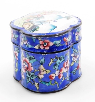 A Japanese Meji period cloisonne enamel koro and cover, of globular form, decorated with flowers, blossom and butterflies on a blue ground, on three bun feet, 10cm wide, together with a Japanese Meiji period cylindrical box and cover decorated with flower - 24