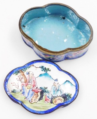 A Japanese Meji period cloisonne enamel koro and cover, of globular form, decorated with flowers, blossom and butterflies on a blue ground, on three bun feet, 10cm wide, together with a Japanese Meiji period cylindrical box and cover decorated with flower - 25