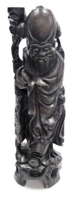 A Chinese hardwood figure of the god Shou-Lau, god of longevity, with wire work inlay, modelled standing holding a staff and a gourd, formerly a lamp base, 54cm high. - 8