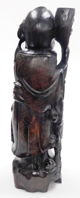 A Chinese hardwood figure of the god Shou-Lau, god of longevity, with wire work inlay, modelled standing holding a staff and a gourd, formerly a lamp base, 54cm high. - 10