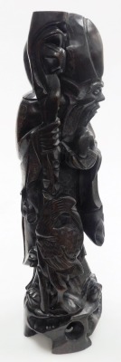 A Chinese hardwood figure of the god Shou-Lau, god of longevity, with wire work inlay, modelled standing holding a staff and a gourd, formerly a lamp base, 54cm high. - 11