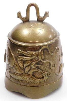 A Chinese brass temple bell, mounted in a hardwood frame with wirework inlay, carved with a pair of dragons, the bell cast with a dragon chasing a flaming pearl, 36cm high. - 10