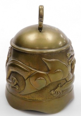 A Chinese brass temple bell, mounted in a hardwood frame with wirework inlay, carved with a pair of dragons, the bell cast with a dragon chasing a flaming pearl, 36cm high. - 13