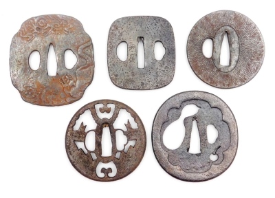 Five Japanese iron tsuba, of varying shapes and designs, some signed. - 3