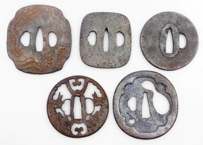 Five Japanese iron tsuba, of varying shapes and designs, some signed. - 4