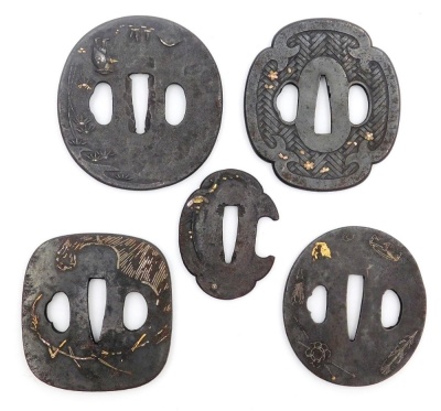 Five Japanese iron tsuba, each of differing shape and design, with silver and gold inlays. - 3