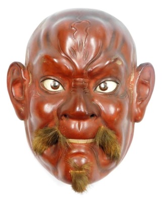 A Japanese red lacquer noh mask, of Okina, his facial hair applied with animal fur, 20cm high. - 4