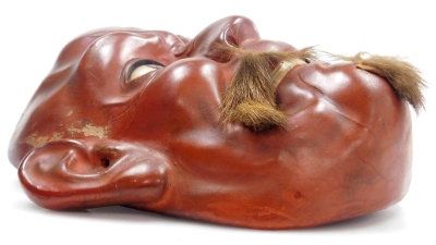 A Japanese red lacquer noh mask, of Okina, his facial hair applied with animal fur, 20cm high. - 6