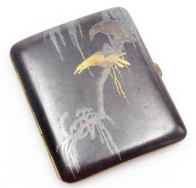 A Japanese iron cigarette case, inlaid in gold and silver with birds on branch, seal mark to interior, 7cm wide, and a Japanese bronze pot, of squat cylindrical form, decorated with figures and monkey in relief, gilt heightened, 7.5cm diameter, both Meiji - 11