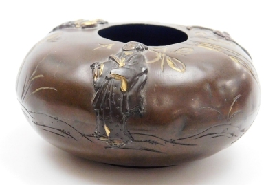 A Japanese iron cigarette case, inlaid in gold and silver with birds on branch, seal mark to interior, 7cm wide, and a Japanese bronze pot, of squat cylindrical form, decorated with figures and monkey in relief, gilt heightened, 7.5cm diameter, both Meiji - 15