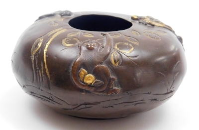 A Japanese iron cigarette case, inlaid in gold and silver with birds on branch, seal mark to interior, 7cm wide, and a Japanese bronze pot, of squat cylindrical form, decorated with figures and monkey in relief, gilt heightened, 7.5cm diameter, both Meiji - 16