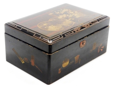 A 20thC Japanese lacquer box, decorated with birds to top and household objects to edges, 25.5cm wide, (AF). - 8