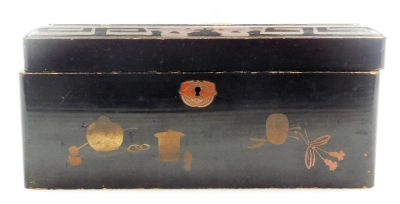 A 20thC Japanese lacquer box, decorated with birds to top and household objects to edges, 25.5cm wide, (AF). - 9