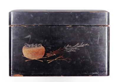 A 20thC Japanese lacquer box, decorated with birds to top and household objects to edges, 25.5cm wide, (AF). - 10