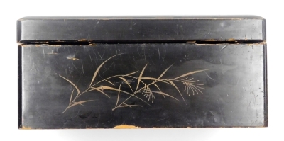 A 20thC Japanese lacquer box, decorated with birds to top and household objects to edges, 25.5cm wide, (AF). - 11