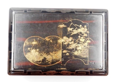 A 20thC Japanese lacquer box, decorated with birds to top and household objects to edges, 25.5cm wide, (AF). - 13