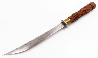 Two Indian knives, one with a carved wooden handle, engraved steel blade, and similarly carved scabbard with brass banding, 51.5cm wide, and a further knife with wooden handle, the steel blade stamped India, in a carved wooden scabbard, 33.5cm wide. - 12