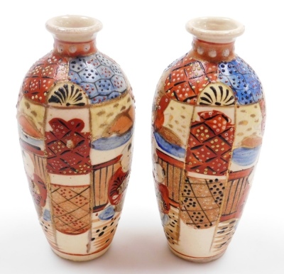 A pair of early 20thC Japanese Satsuma vases, each of baluster form with applied dragon handles, decorated with figures to both sides, marked Dai Nihon Satsuma to underside, 19.5cm high, together with another pair of Satsuma vases of cylindrical tapering - 27