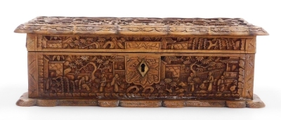 A 20thC Chinese Canton hardwood box, of rectangular shaped form, profusely carved with figures, buildings, trees, etc., the hinged lid enclosing a vacant interior, 25cm wide. - 10