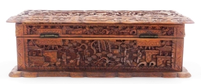 A 20thC Chinese Canton hardwood box, of rectangular shaped form, profusely carved with figures, buildings, trees, etc., the hinged lid enclosing a vacant interior, 25cm wide. - 12