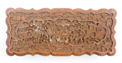 A 20thC Chinese Canton hardwood box, of rectangular shaped form, profusely carved with figures, buildings, trees, etc., the hinged lid enclosing a vacant interior, 25cm wide. - 14