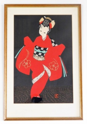 A Japanese woodblock print by Kawano Kaoru (1916-1965), Dancing figure- Kamuro, red seal mark, 36.5cm x 24cm. - 5