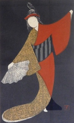 A Japanese woodblock print by Kawano Kaoru (1916-1965), Dancing figure- Maiogi, red seal mark, 36.5cm x 22cm. - 4