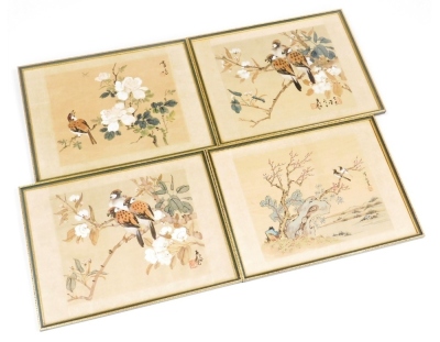 Chinese School. Four watercolours on silk, comprising two of finches perched on a branch of apple trees, 25cm high, 30cm wide, another of a single finch perched on a branch of a rose, 30cm high, 25cm wide, the fourth of birds perched on a tree in a landsc - 6