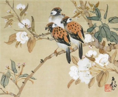 Chinese School. Four watercolours on silk, comprising two of finches perched on a branch of apple trees, 25cm high, 30cm wide, another of a single finch perched on a branch of a rose, 30cm high, 25cm wide, the fourth of birds perched on a tree in a landsc - 7