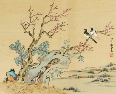 Chinese School. Four watercolours on silk, comprising two of finches perched on a branch of apple trees, 25cm high, 30cm wide, another of a single finch perched on a branch of a rose, 30cm high, 25cm wide, the fourth of birds perched on a tree in a landsc - 10