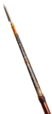 A Japanese Te-yari spear, with a shankaku yari steel blade, copper bound shagreen grip and hardwood pole, with cast iron pommel, 220cm high. - 5