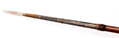 A Japanese Te-yari spear, with a shankaku yari steel blade, copper bound shagreen grip and hardwood pole, with cast iron pommel, 220cm high. - 6