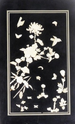 A Chinese lacquer panel, inlaid with mother of pearl flowers, birds and butterflies, 61cm x 36cm. - 4