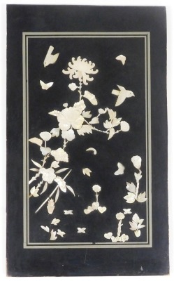 A Chinese lacquer panel, inlaid with mother of pearl flowers, birds and butterflies, 61cm x 36cm. - 5