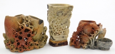 Three Chinese soapstone brush pots, each carved with flowers, the largest 20cm high. - 7