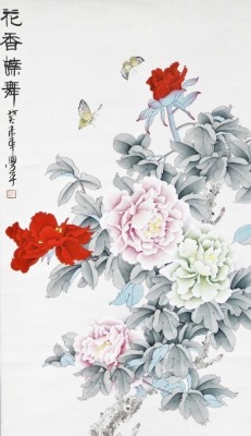 A 20thC Chinese scroll painting, tree peonies and butterflies, with script and seal mark, 85cm x 48cm. - 6