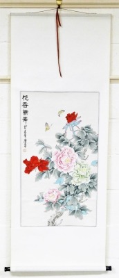 A 20thC Chinese scroll painting, tree peonies and butterflies, with script and seal mark, 85cm x 48cm. - 7