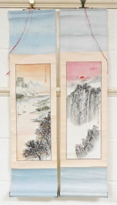 A pair of 20thC Chinese scroll watercolours, one depicting a riverscape, with mountains in the background tress to the foreground, the other with a craggy mountainside with a pagoda atop steep steps, bears seal mark, 49.5cm x 17.5cm. - 7